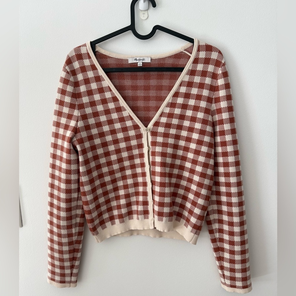 Madewell Rust and Cream Gingham V-Neck Cardigan